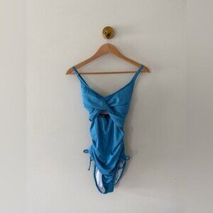 Twist-Front Blue Ribbed Women's Swim Bodysuit